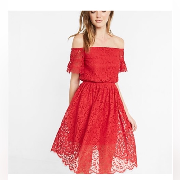 Express Dresses & Skirts - EXPRESS//red lace midi dress//off shoulder//size medium